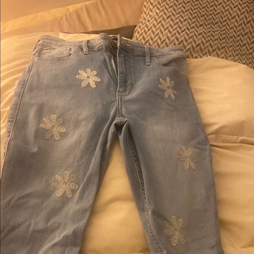Hollister Blue Flare Wide Leg Jeans with Floral Embroidery